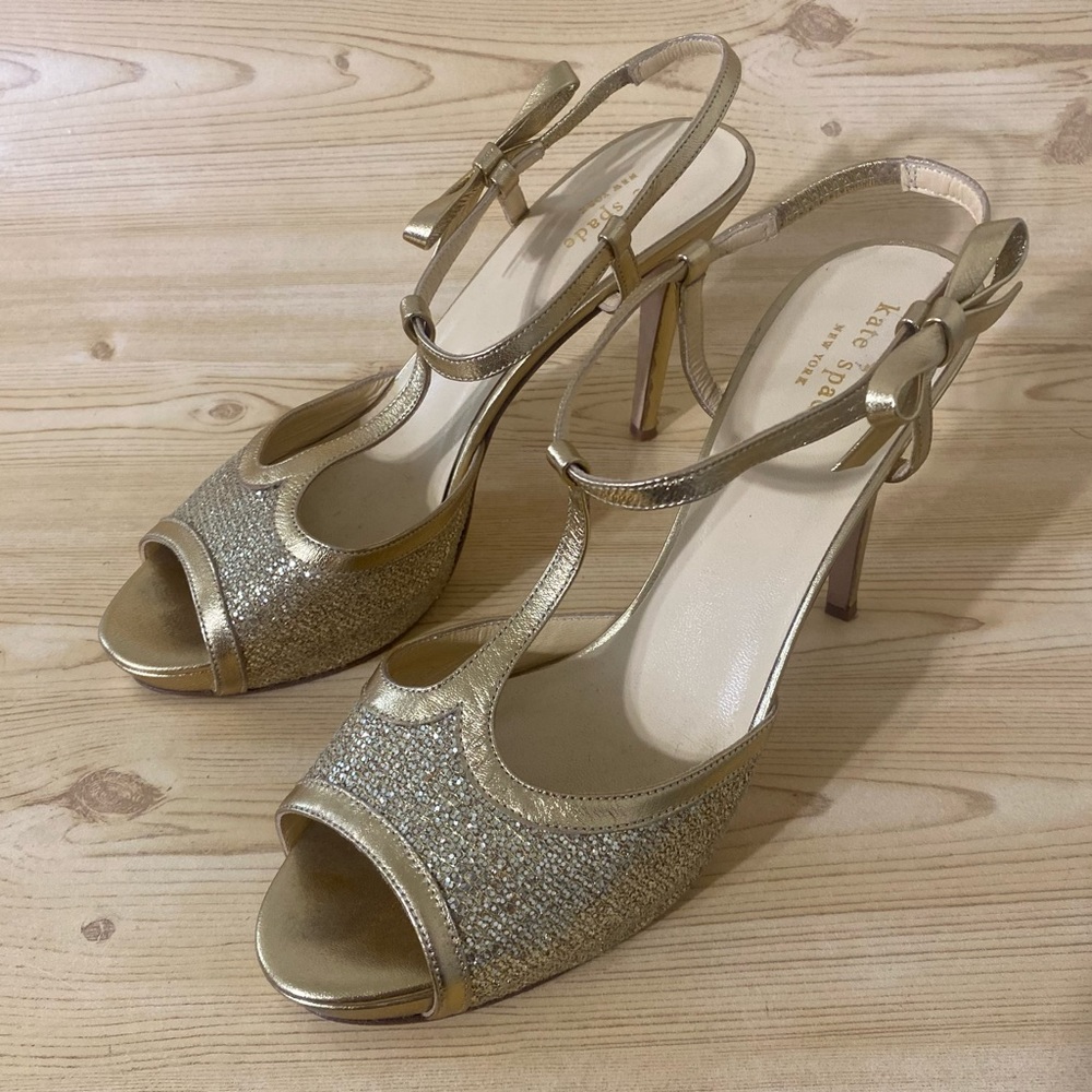 Kate Spade Gold Platform T Strap Ankle Strap Open Toe Heels Women’s Shoes 9.5 B